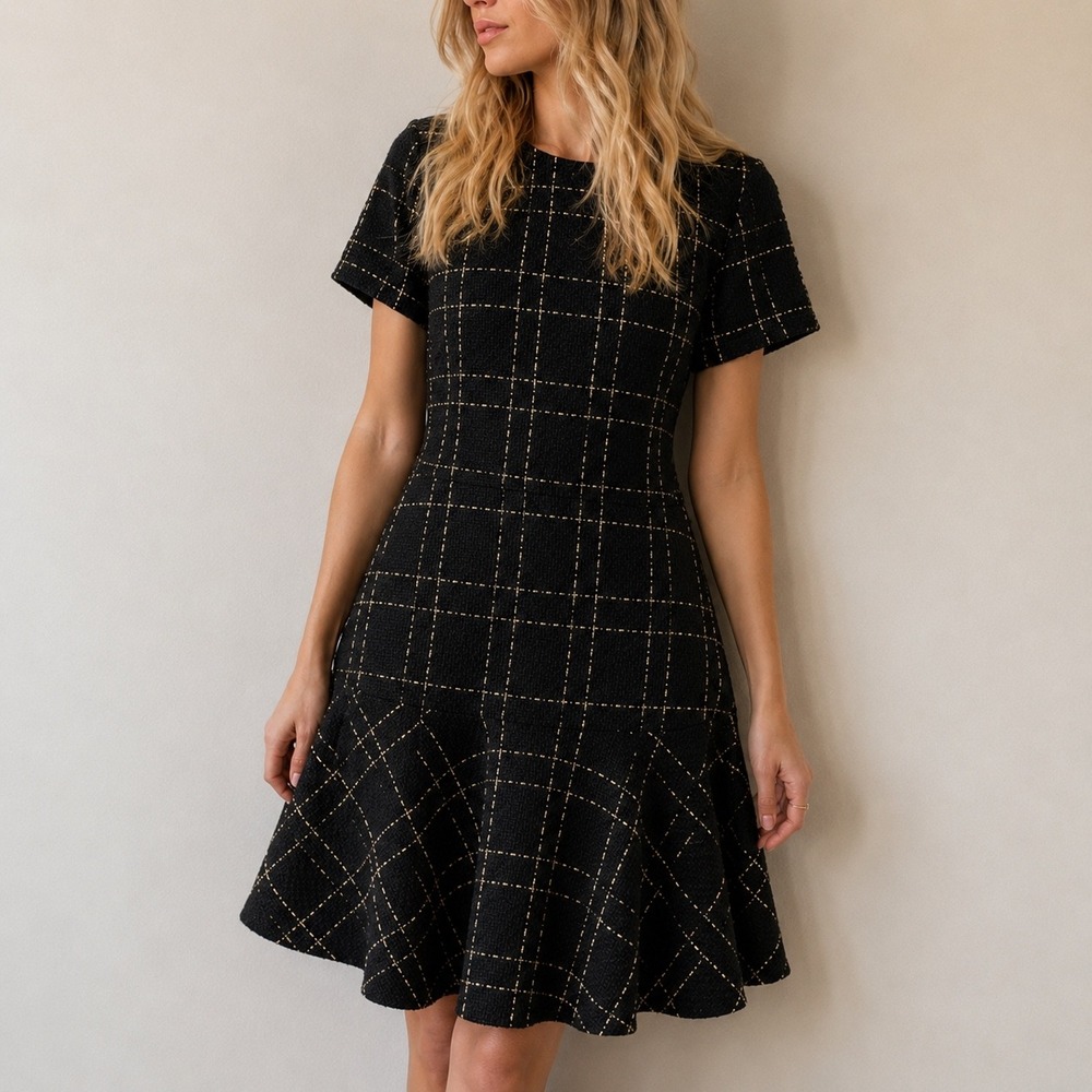 Ann Taylor Black Plaid Tweed Fit and Flare Dress Size 10 Dark Academia Preppy